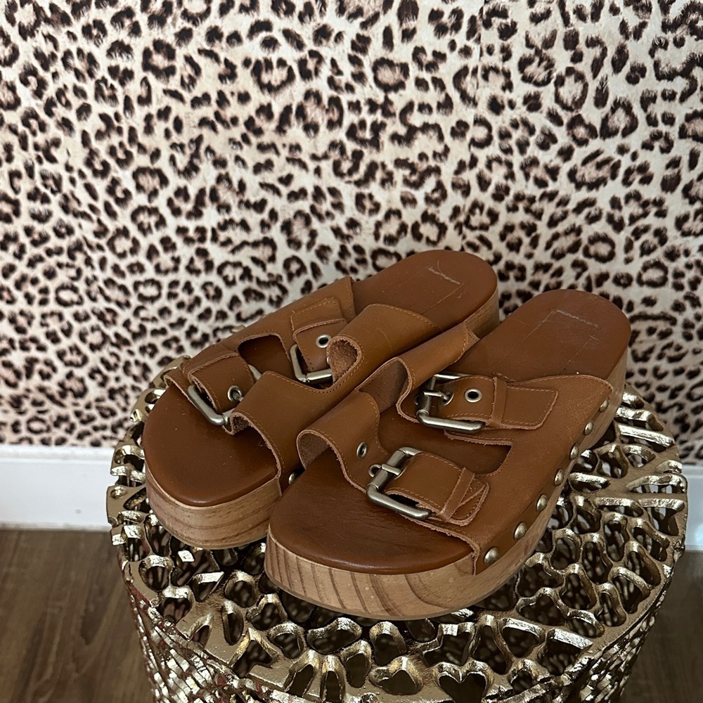 Zara Tan Leather Mules with Buckle Detail